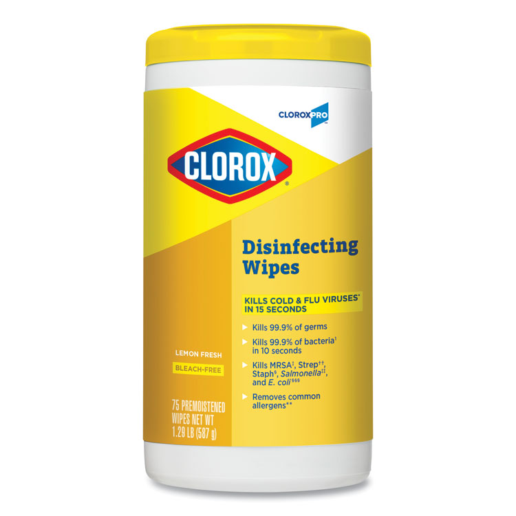 Clorox Disinfecting Wipes, 1-Ply, Lemon Fresh, 7x8", White, 75/Canister
